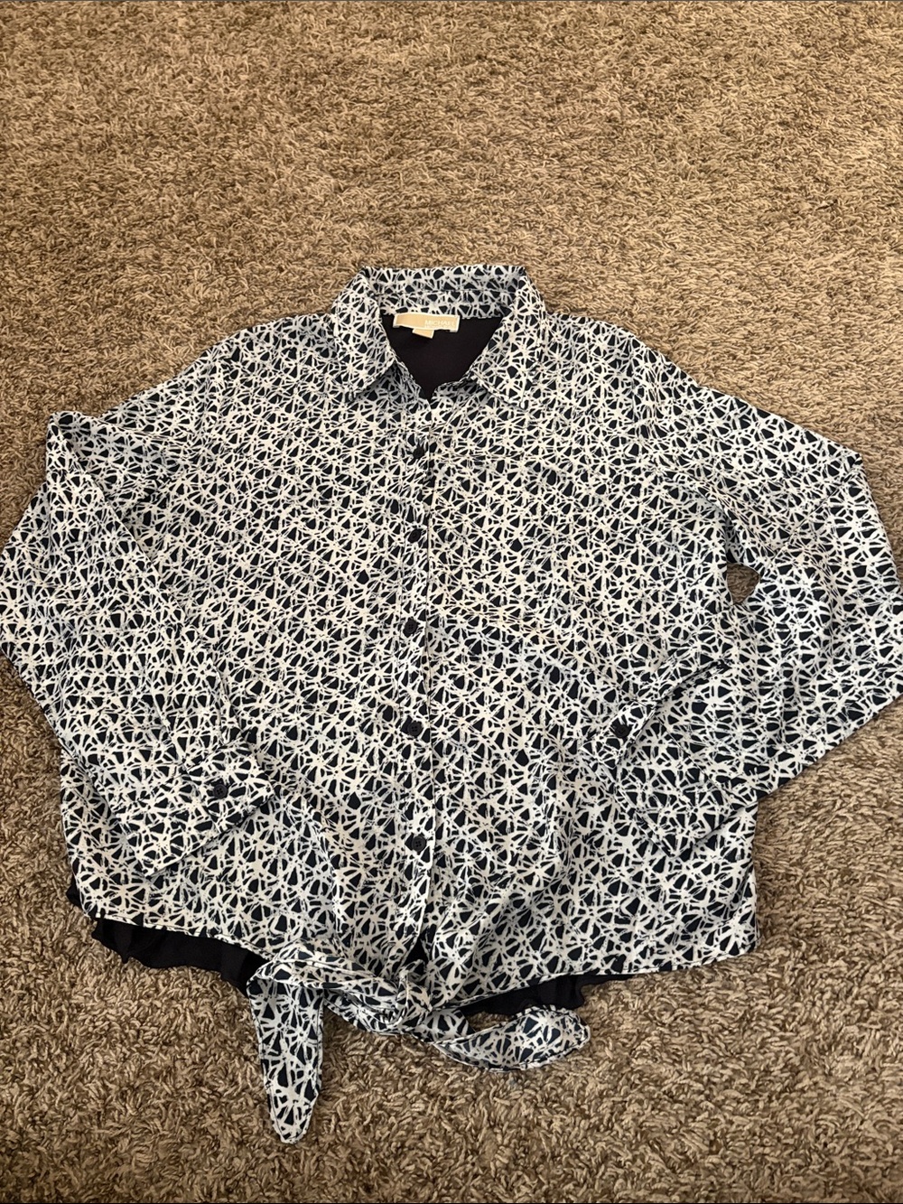 MICHAEL Michael Kors Navy and White Geometric Tie-Front Button Shirt